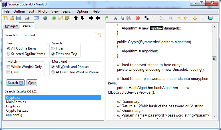 Using Vault 3 to store source code snippets